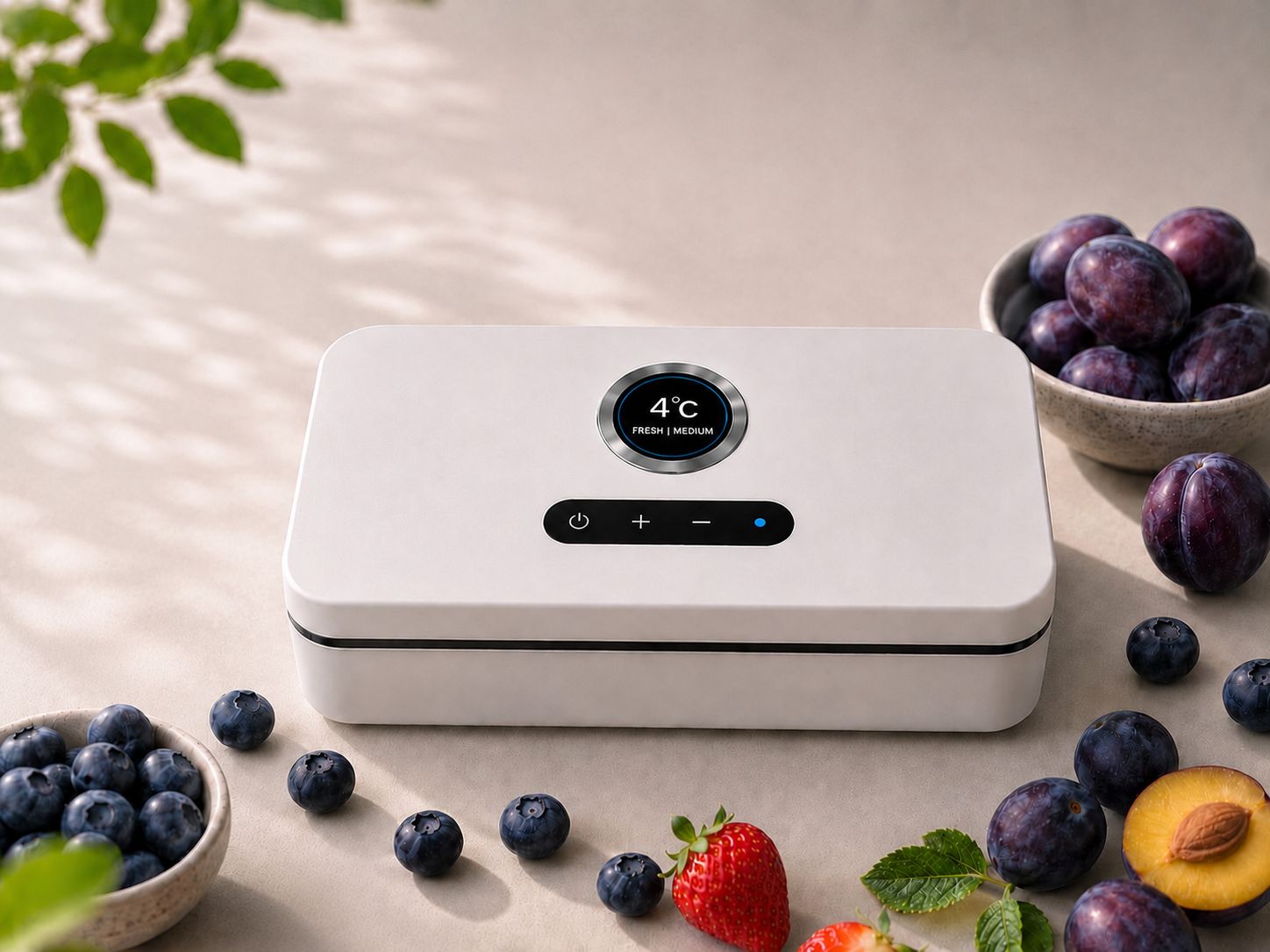 LunchiQ smart lunch box surrounded by fresh fruits
